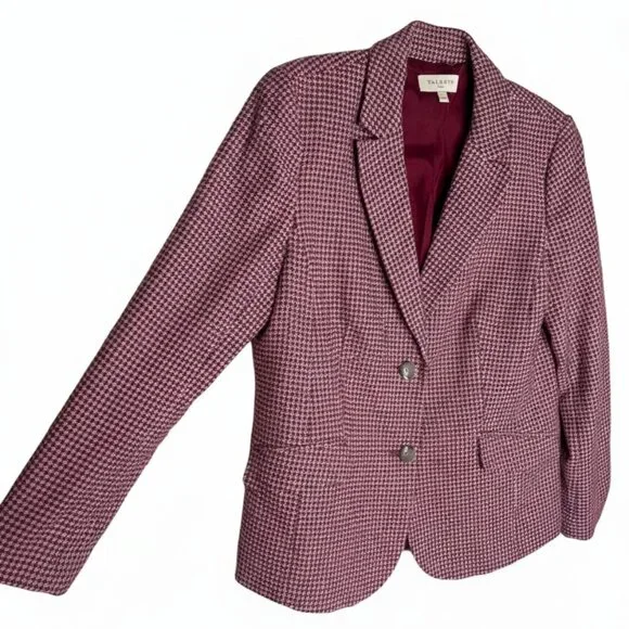 Talbots Wool Blend Houndstooth Print Blazer Jacket Size 12 Pink Burgundy Red EUC - Picture 2 of 7